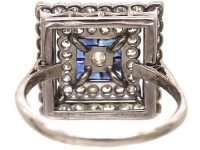 Art Deco Platinum Large Square Ring set with Diamonds & Sapphires