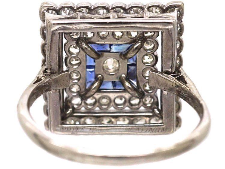 Art Deco Platinum Large Square Ring set with Diamonds & Sapphires