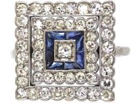 Art Deco Platinum Large Square Ring set with Diamonds & Sapphires