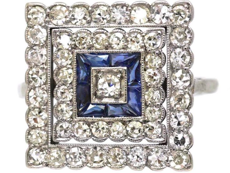 Art Deco Platinum Large Square Ring set with Diamonds & Sapphires