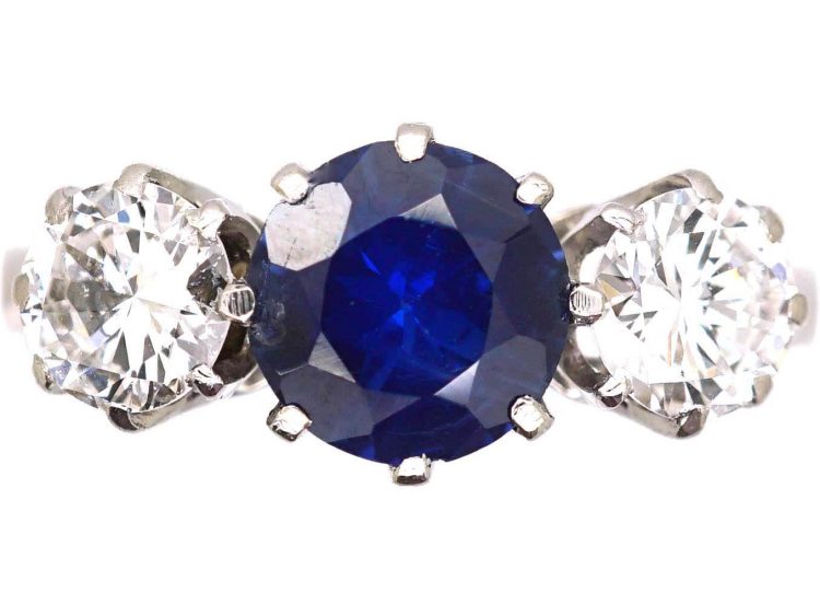 Mid 20th Century 18ct White Gold & Platinum, Sapphire & Diamond Three Stone Ring