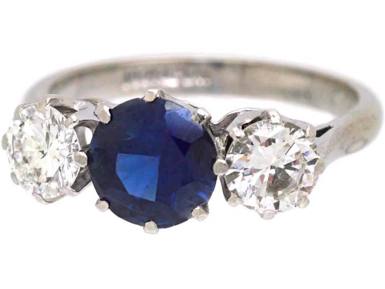 Mid 20th Century 18ct White Gold & Platinum, Sapphire & Diamond Three Stone Ring