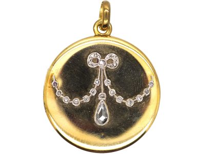 Edwardian 15ct Gold & Platinum Round Locket with Rose Diamond set Swag & Bow Motif