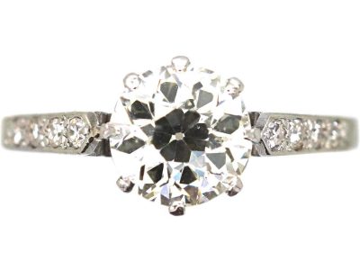 Art Deco Platinum, Diamond Solitaire Ring with Diamond set Shoulders