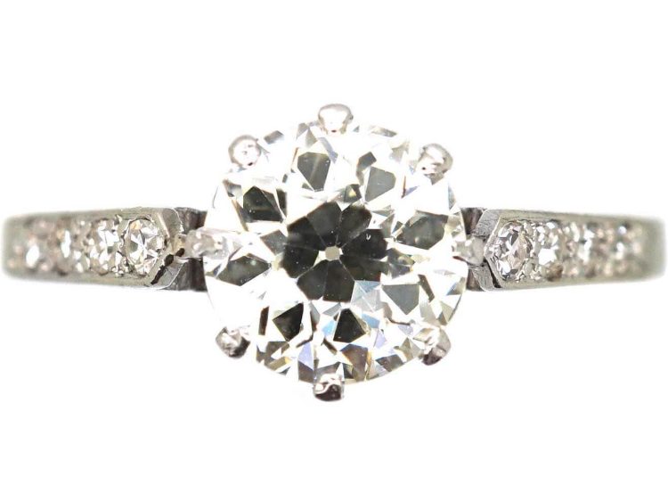 Art Deco Platinum, Diamond Solitaire Ring with Diamond set Shoulders