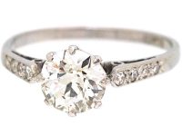 Art Deco Platinum, Diamond Solitaire Ring with Diamond set Shoulders