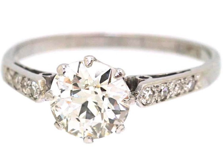 Art Deco Platinum, Diamond Solitaire Ring with Diamond set Shoulders