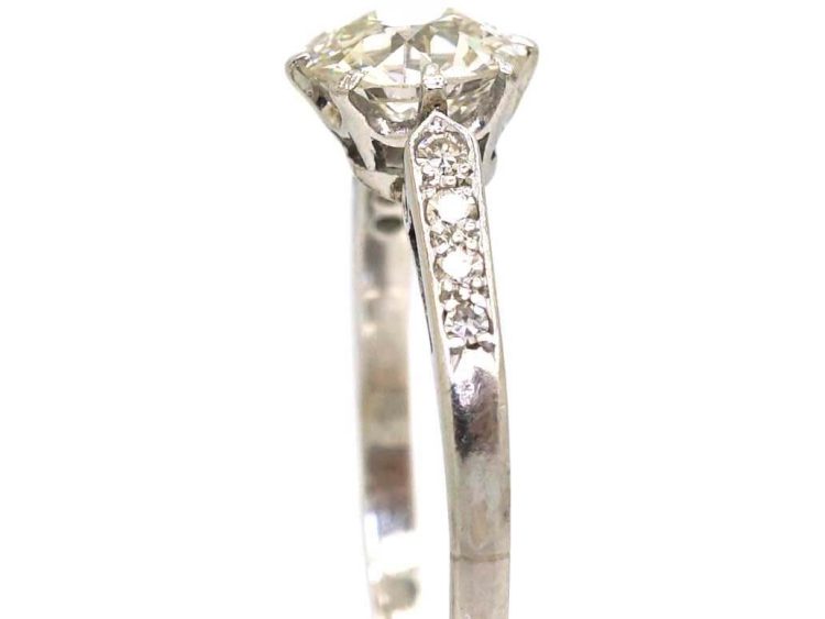 Art Deco Platinum, Diamond Solitaire Ring with Diamond set Shoulders