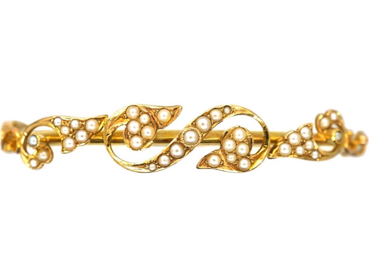Edwardian 15ct Gold Bangle with Leaf Motifs set with Natural Split Pearls