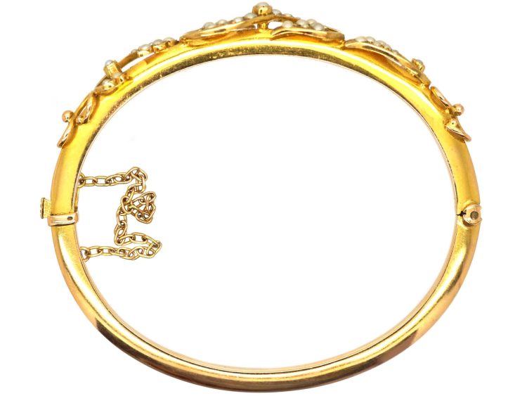 Edwardian 15ct Gold Bangle with Leaf Motifs set with Natural Split Pearls