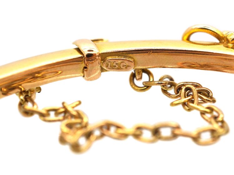 Edwardian 15ct Gold Bangle with Leaf Motifs set with Natural Split Pearls