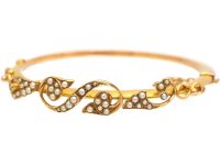 Edwardian 15ct Gold Bangle with Leaf Motifs set with Natural Split Pearls