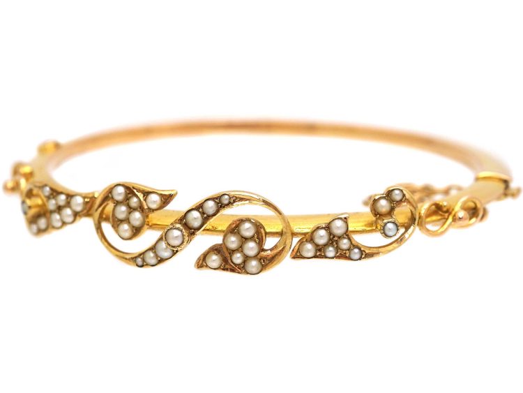 Edwardian 15ct Gold Bangle with Leaf Motifs set with Natural Split Pearls