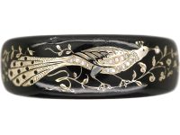 Victorian Silver & Black Enamel Peacock Bangle with Natural Split Pearl Detail