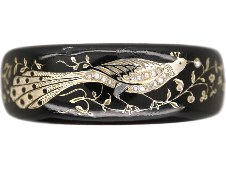Victorian Silver & Black Enamel Peacock Bangle with Natural Split Pearl Detail