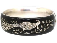 Victorian Silver & Black Enamel Peacock Bangle with Natural Split Pearl Detail