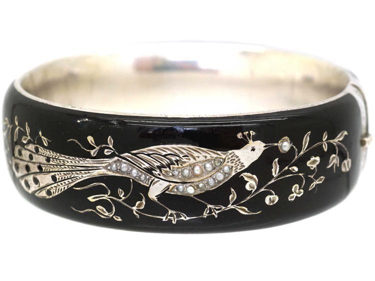 Victorian Silver & Black Enamel Peacock Bangle with Natural Split Pearl Detail