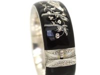 Victorian Silver & Black Enamel Peacock Bangle with Natural Split Pearl Detail