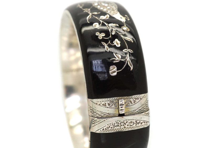 Victorian Silver & Black Enamel Peacock Bangle with Natural Split Pearl Detail