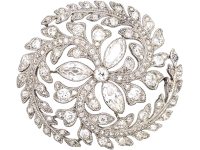 Edwardian Platinum Marquise Diamond Flower Brooch Framed with Diamond set Leaves