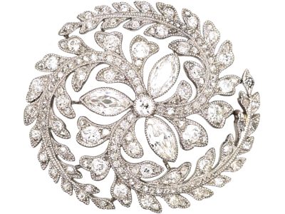 Edwardian Platinum Marquise Diamond Flower Brooch Framed with Diamond set Leaves