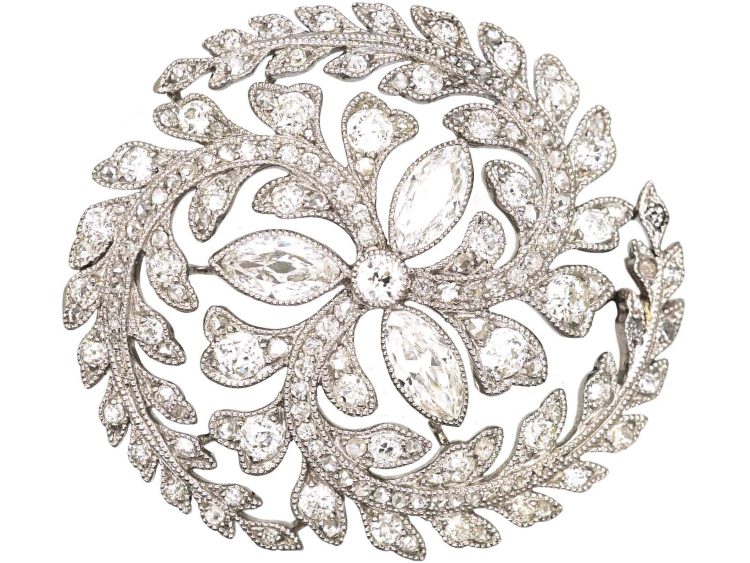 Edwardian Platinum Marquise Diamond Flower Brooch Framed with Diamond set Leaves