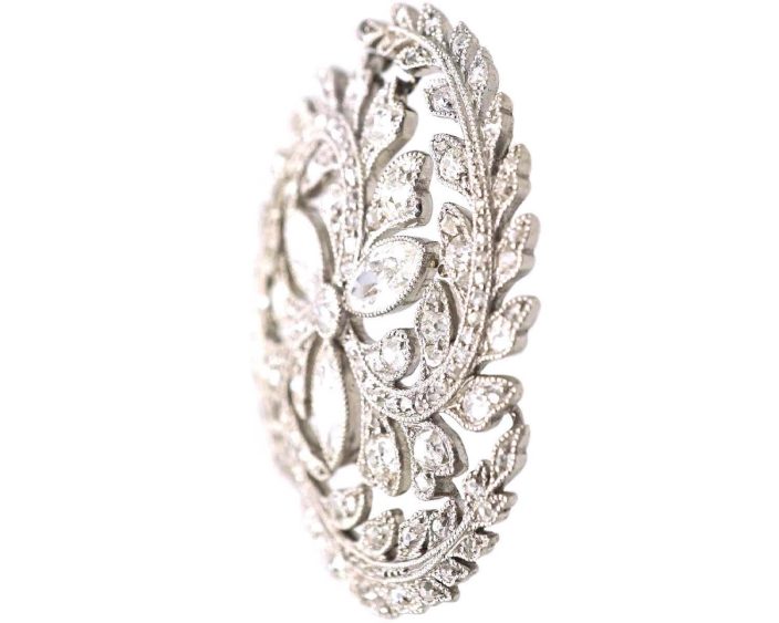 Edwardian Platinum Marquise Diamond Flower Brooch Framed with Diamond set Leaves