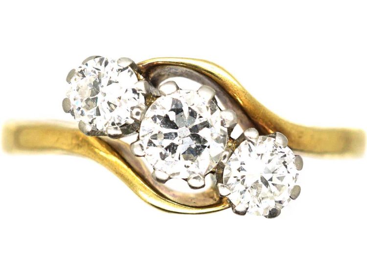 Edwardian 18ct Gold & Platinum, Three Stone Crossover Ring