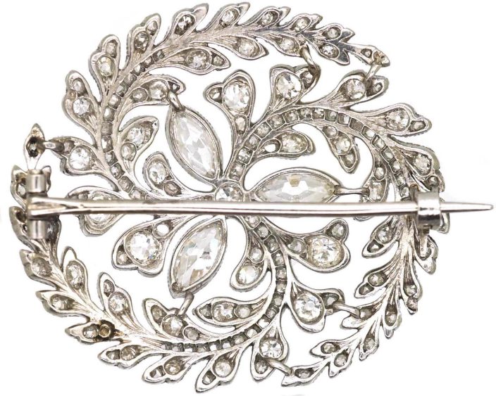 Edwardian Platinum Marquise Diamond Flower Brooch Framed with Diamond set Leaves