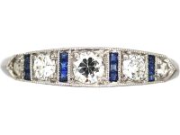 Art Deco 18ct White Gold Ring set with Diamonds & Calibre Sapphires