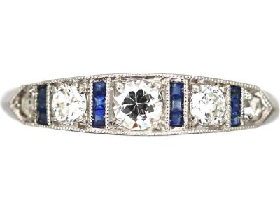 Art Deco 18ct White Gold Ring set with Diamonds & Calibre Sapphires
