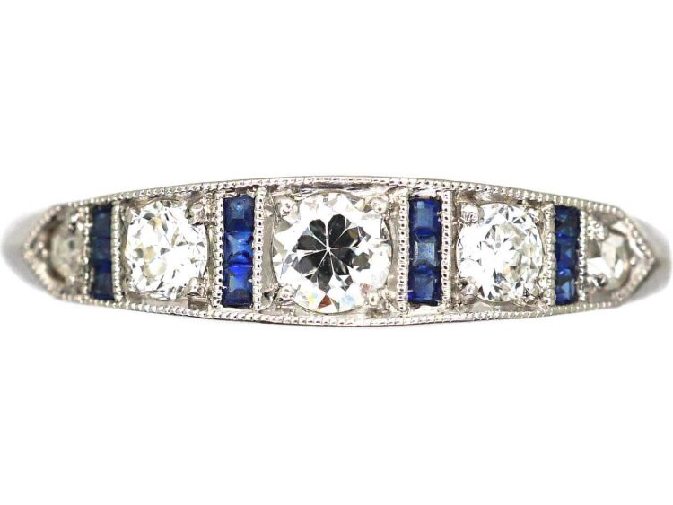 Art Deco 18ct White Gold Ring set with Diamonds & Calibre Sapphires