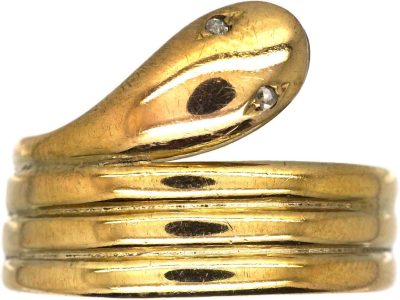 Victorian 9ct Gold Snake Ring With Rose Diamond Eyes