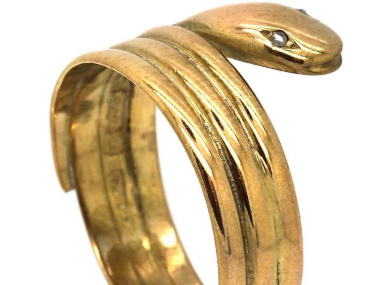 Victorian 9ct Gold Snake Ring With Rose Diamond Eyes