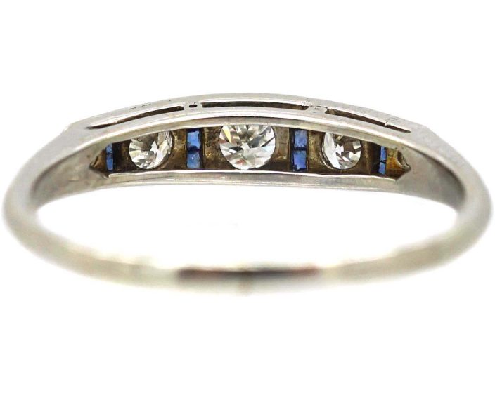 Art Deco 18ct White Gold Ring set with Diamonds & Calibre Sapphires