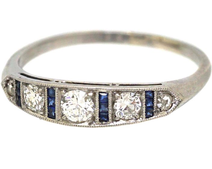 Art Deco 18ct White Gold Ring set with Diamonds & Calibre Sapphires