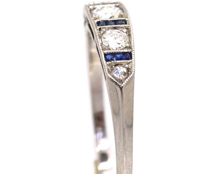Art Deco 18ct White Gold Ring set with Diamonds & Calibre Sapphires