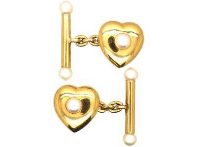 Edwardian 15ct Gold Heart Shaped Cufflinks set with Natural Split Pearls