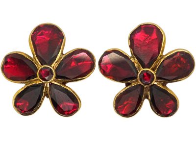 Vintage 9ct Gold Pansy Earrings set with Almandine Garnets