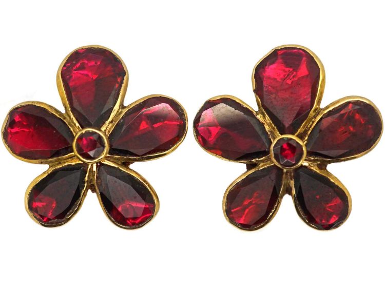 Vintage 9ct Gold Pansy Earrings set with Almandine Garnets