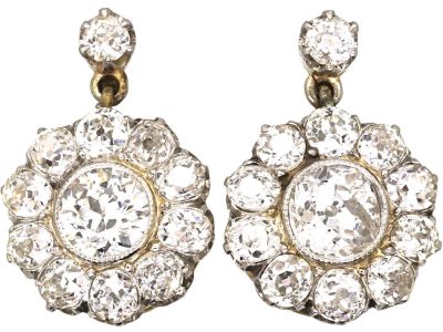 Early 20th Century French 18ct Gold & Platinum, Diamond Cluster Drop Earrings