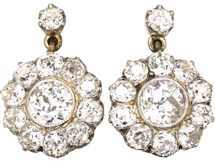 Early 20th Century French 18ct Gold & Platinum, Diamond Cluster Drop Earrings