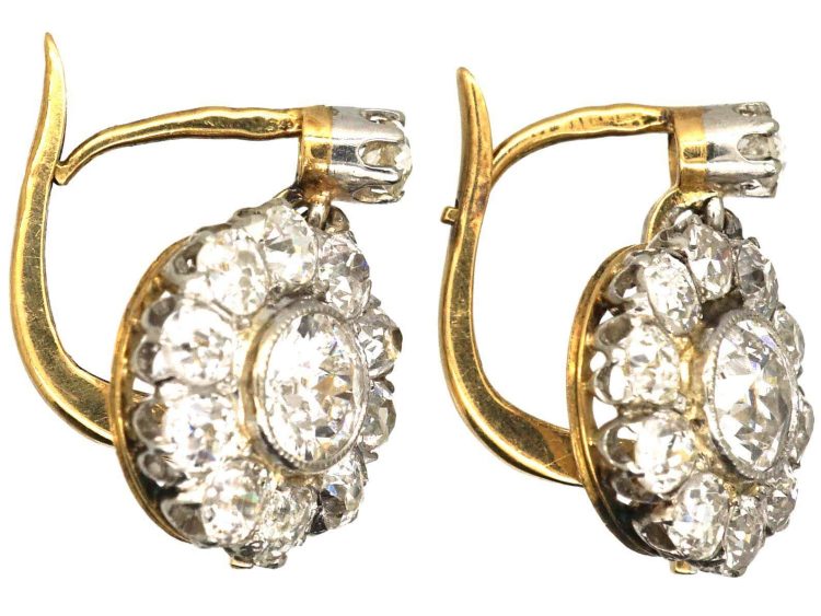Early 20th Century French 18ct Gold & Platinum, Diamond Cluster Drop Earrings