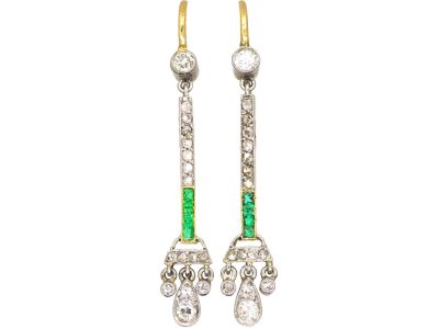 Art Deco 18ct Gold & Platinum Diamond & Emerald Drop Earrings