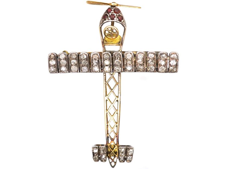 Edwardian 15ct Gold & Silver Brooch set with Diamonds & Garnets Attributed to Blériot's XI Aeroplane