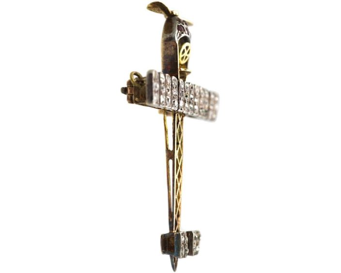 Edwardian 15ct Gold & Silver Brooch set with Diamonds & Garnets Attributed to Blériot's XI Aeroplane