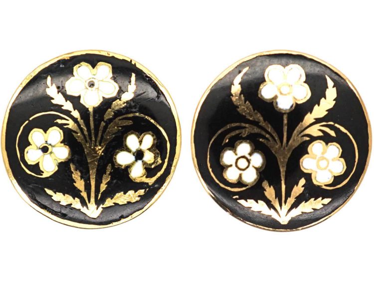 Early Victorian 15ct Gold Black & White Enamel Forget me Not Earrings