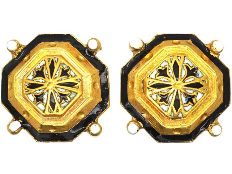 Victorian 15ct Gold Black & White Enamel Octagonal Earrings