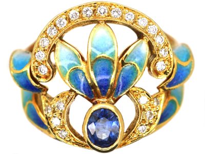 18ct Gold, Sapphire & Diamond Plique-à-jour Ring by Masriera