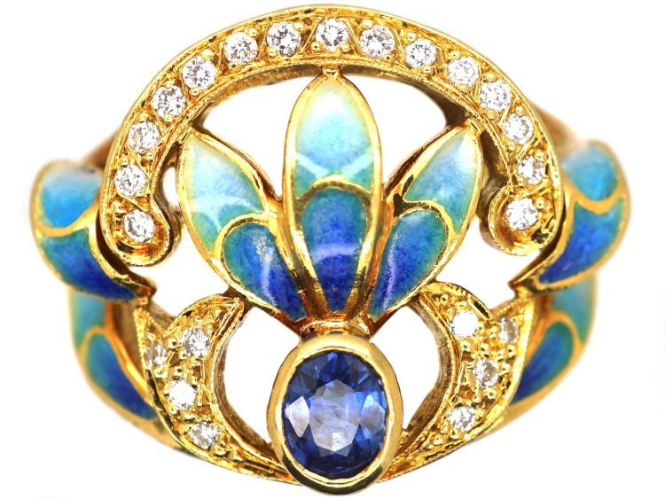 18ct Gold, Sapphire & Diamond Plique-à-Jour Ring by Masriera